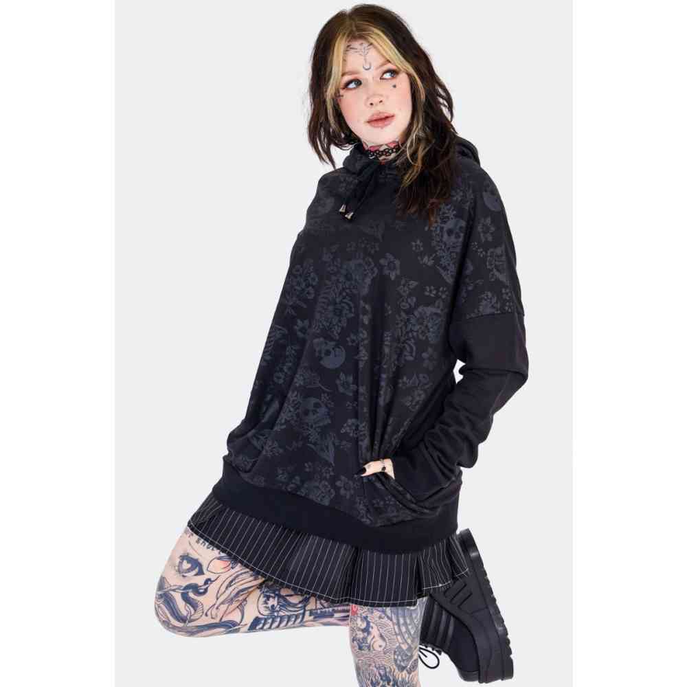Jawbreaker - Skull And Flower Oversized Gothic Hoodie - Black
